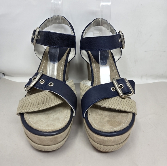 Blackstone Womens Wedge Platform Sandel Sz 38=8 Blue & Tan Leather Suede Adj. - Picture 2 of 11